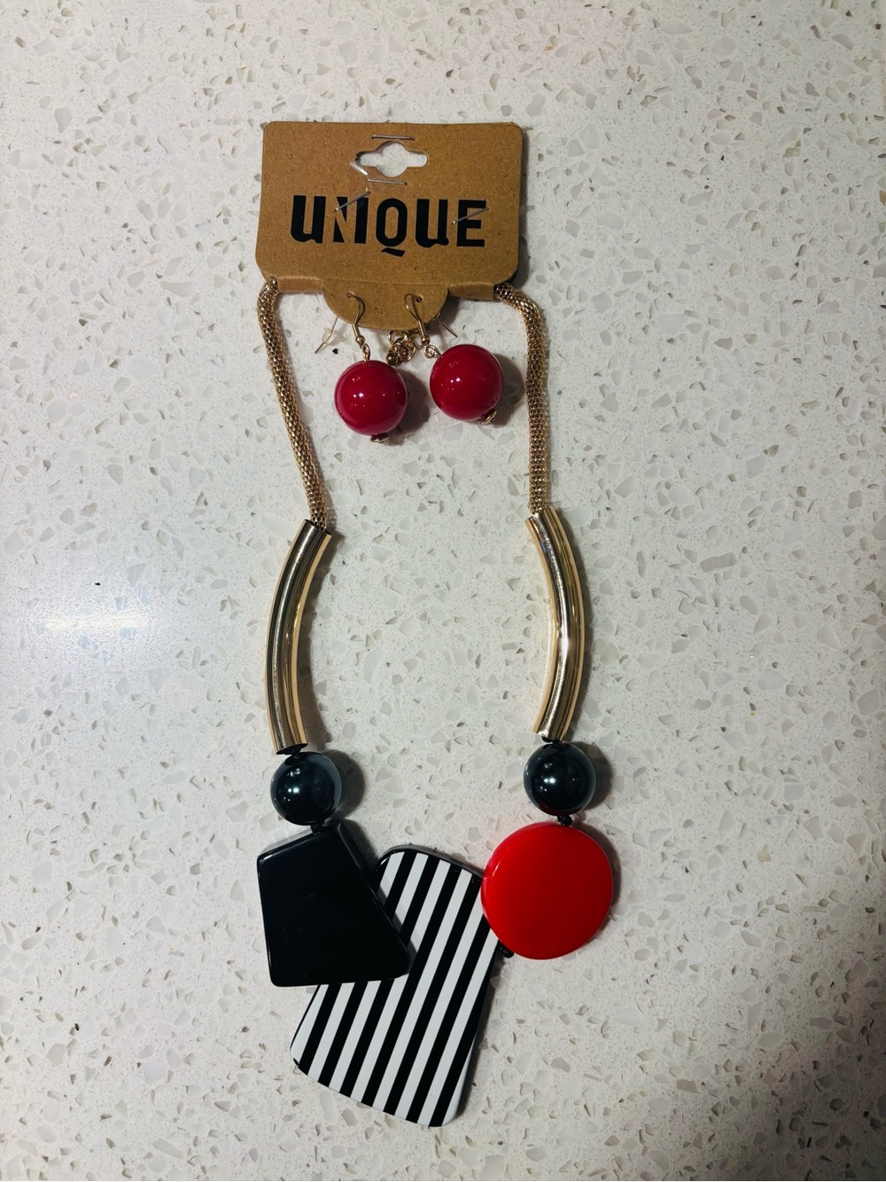 Red, Black and striped geometric statement necklace set